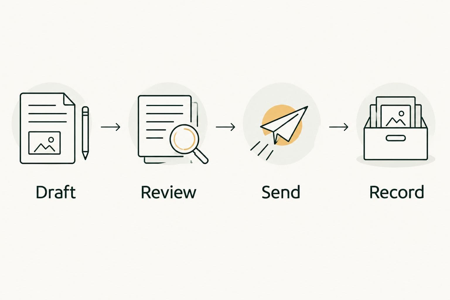 Draft, review, send, record: human approval comes before sending.